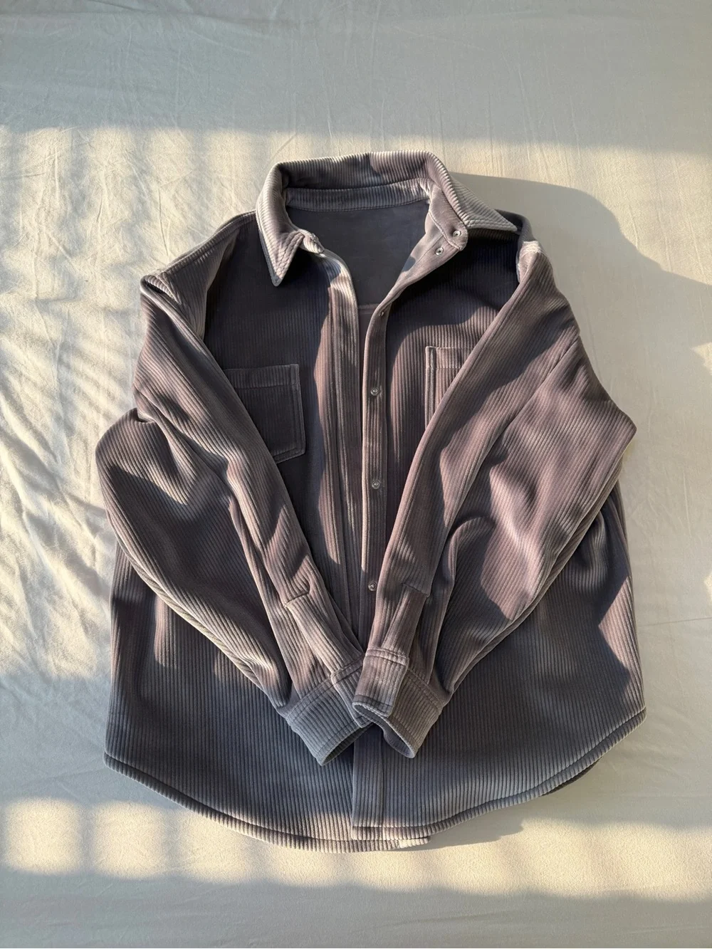 Women’s Corduroy Button-Up Shirt Jacket in Dusty Gray. ALO Yoga Velour Jacket